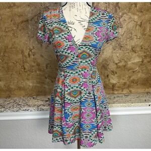 Lovers + Friends Fit & Flare Cassidy Mini Dress Womens Small‎ Mosaic Multicolor